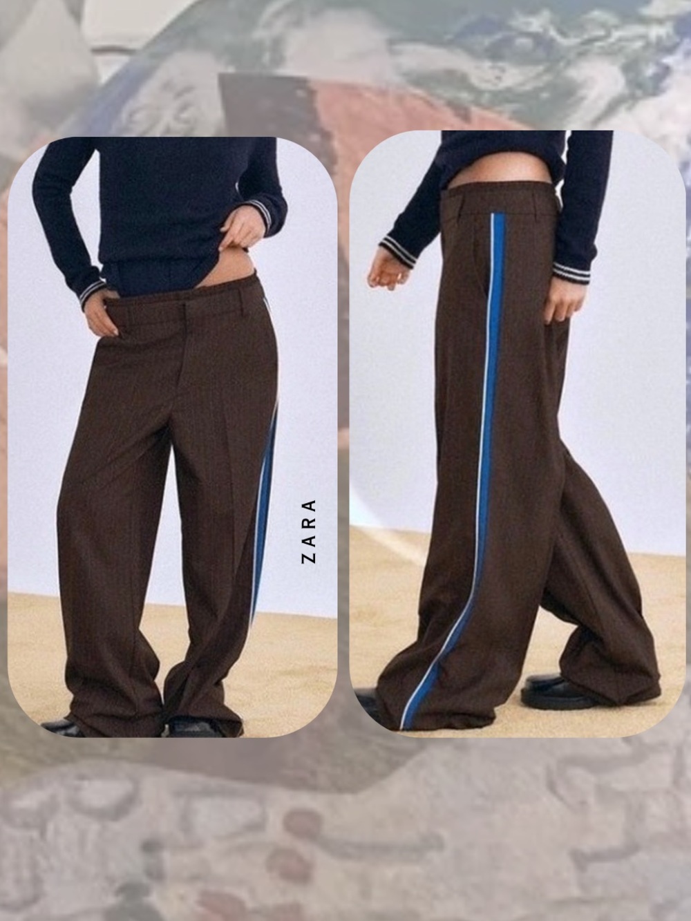 🎉🎉Zara Brown Pinstripe Wide Leg Boxer Trousers with Blue & White Racing Stripes